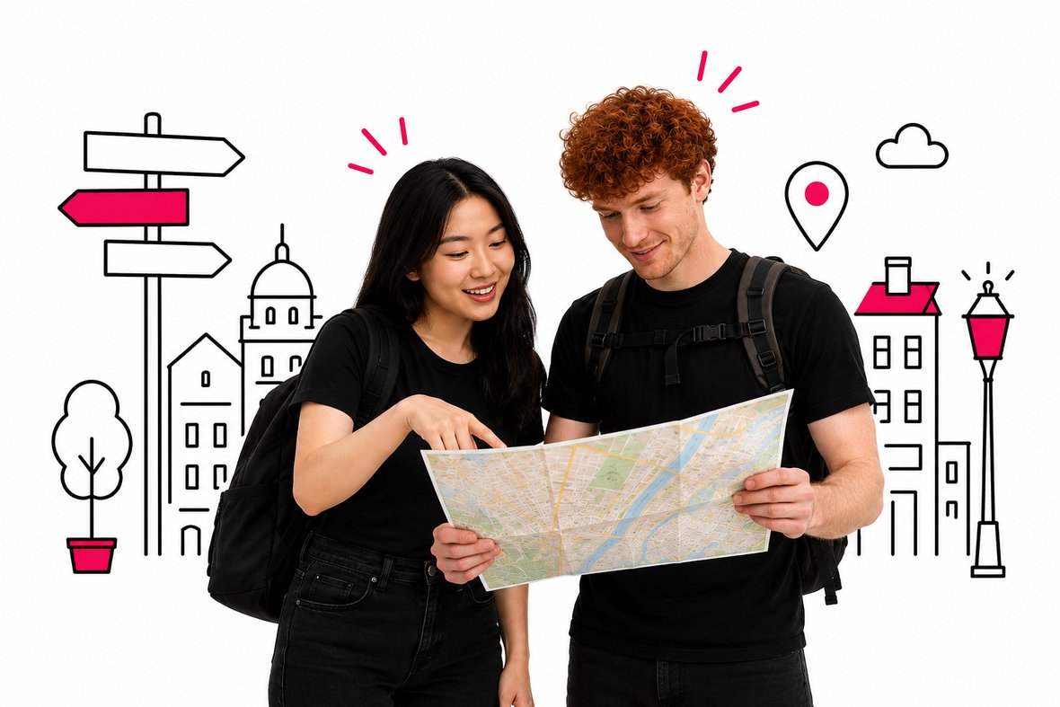 Deux étudiants qui cherchent leur chemin sur un plan de ville