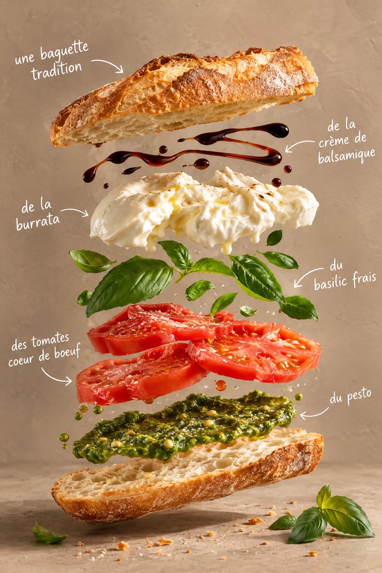 Un sandwich éclaté couche par couche, chaque ingrédient étiqueté