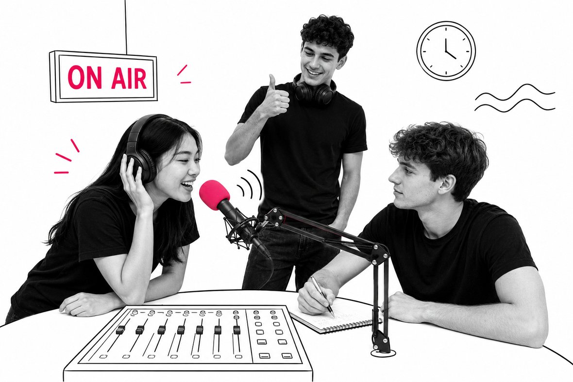 Trois jeunes dans un studio de radio, autour d'un micro et d'une table de mixage