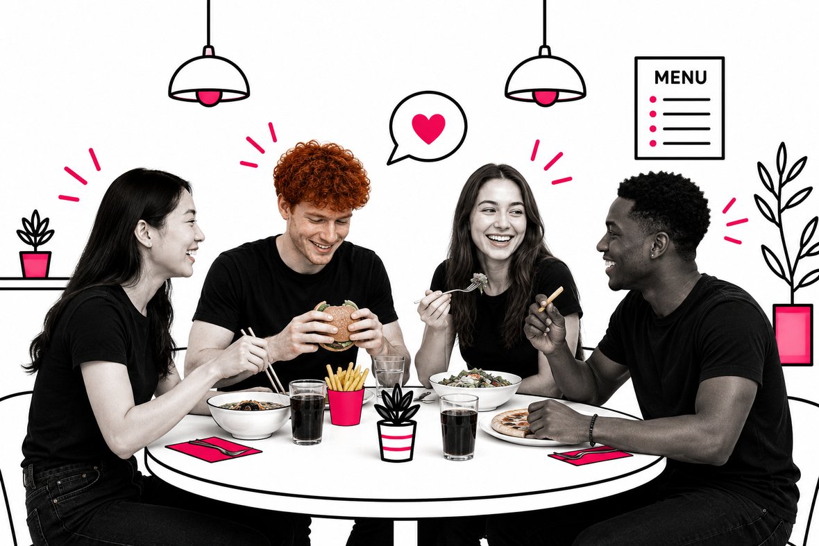 Quatre amis attablés au restaurant, avec un menu au mur