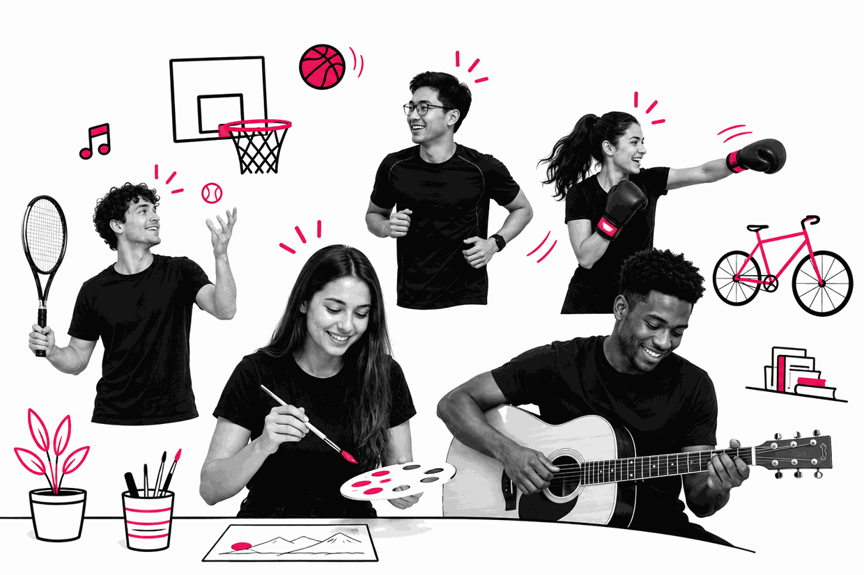 Des jeunes qui font du tennis, du basket, de la course, de la boxe, du vélo, de la guitare et de la peinture