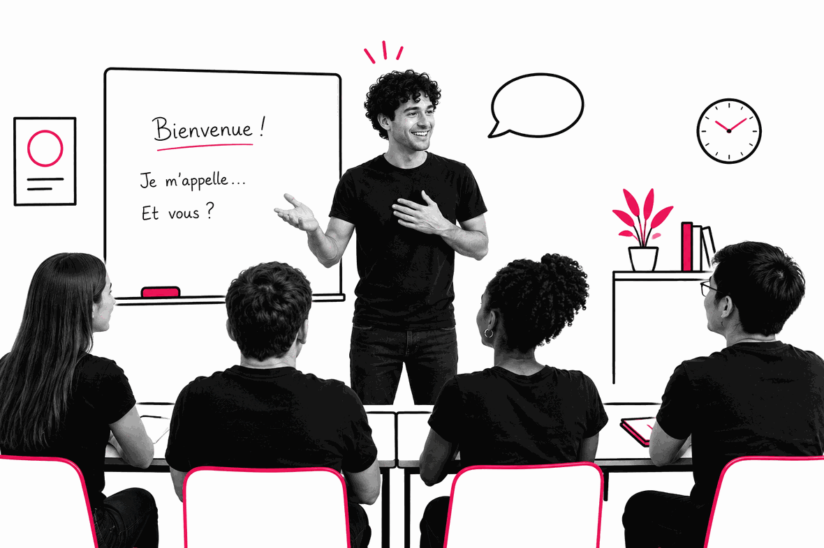 Une classe de français : au tableau, « Bienvenue ! Je m'appelle… Et vous ? »
