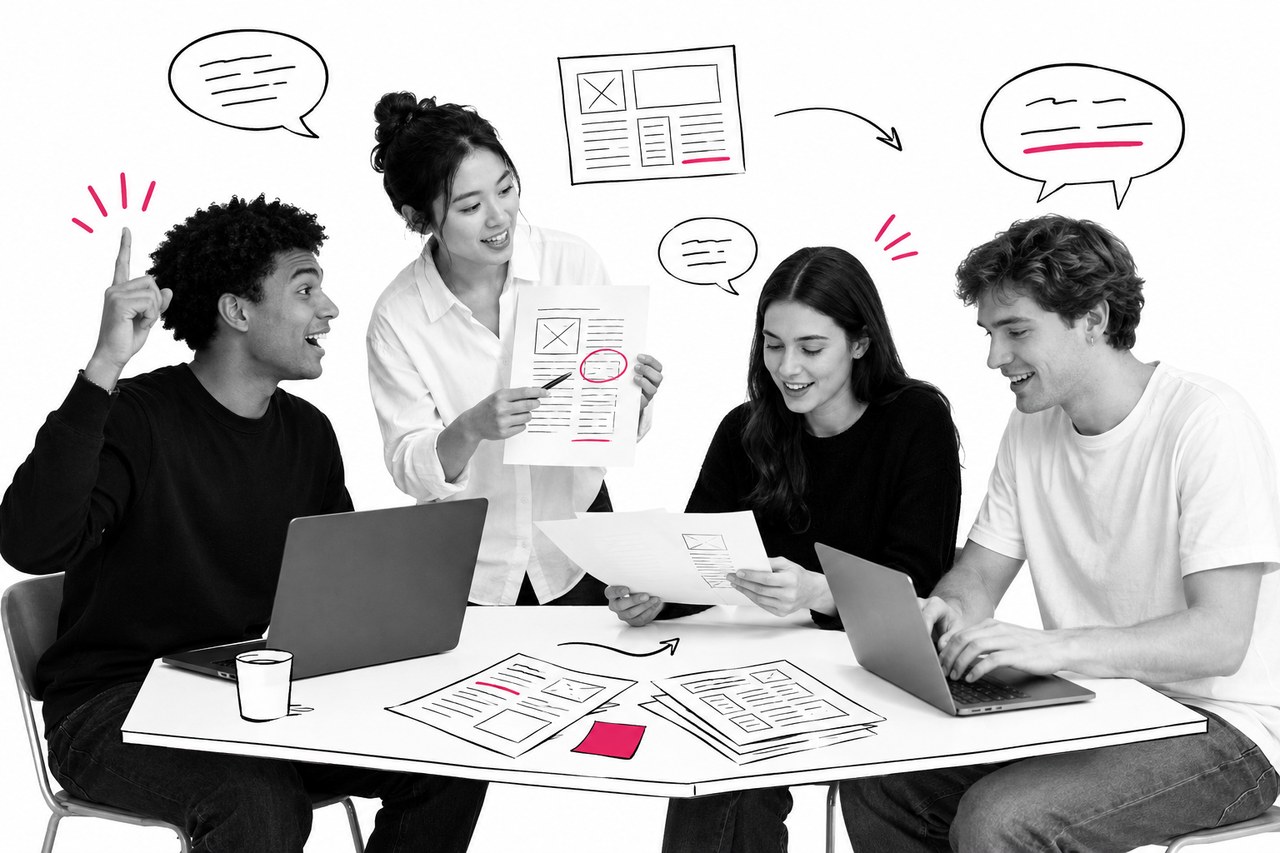 Quatre jeunes journalistes autour d'une table de rédaction : l'un lève le doigt pour demander la parole, une autre montre une maquette de page annotée, les deux derniers lisent des épreuves.