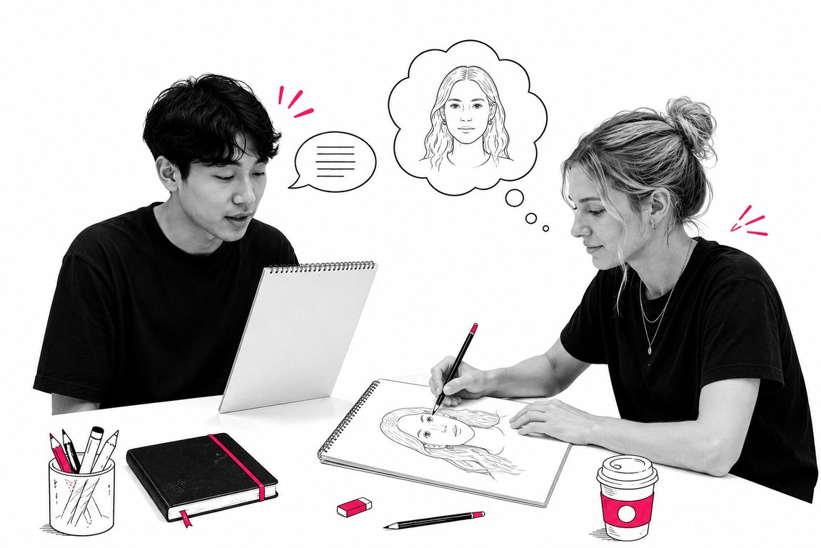 Un jeune homme lit une description dans son carnet ; en face, une jeune femme dessine le portrait d’après ses mots. Au-dessus d’elle, une bulle avec le visage qu’elle imagine.