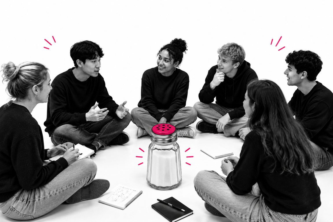 Six étudiants assis en cercle, en pleine conversation, autour d’une grande salière au bouchon rose posée au milieu.