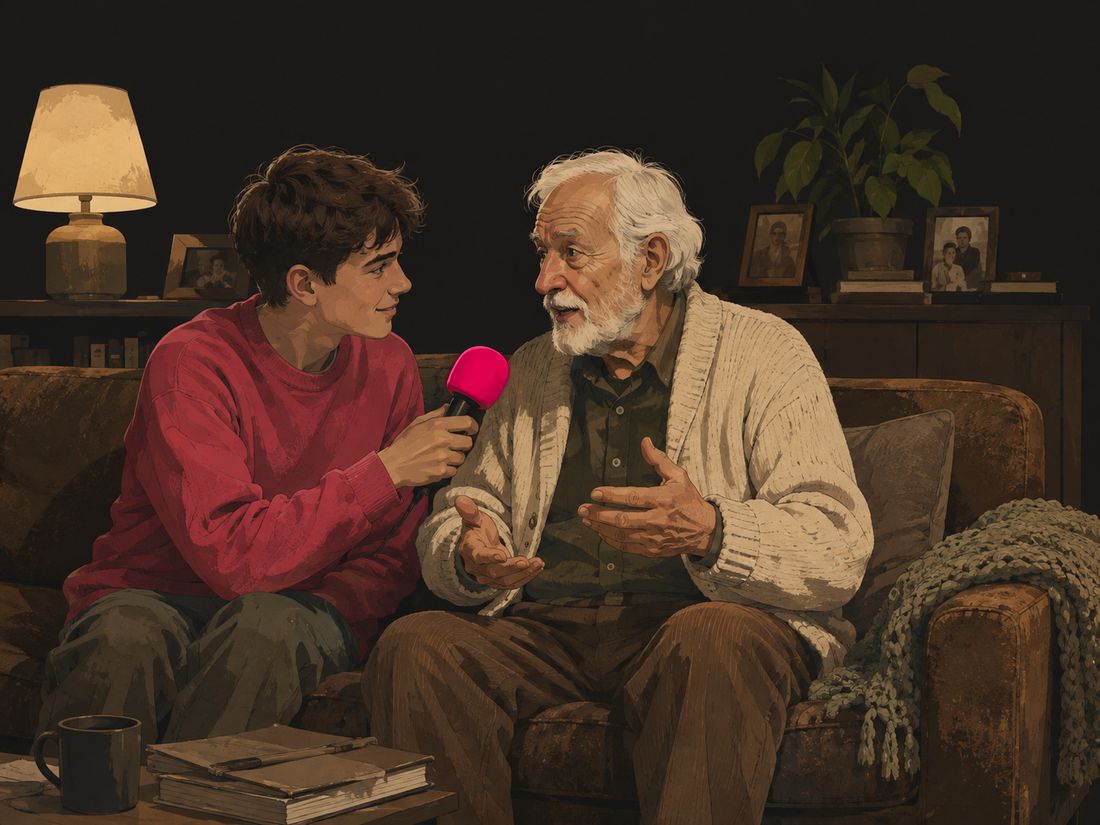 Un adolescent tend un micro à son grand-père, assis à côté de lui sur un canapé, en pleine conversation